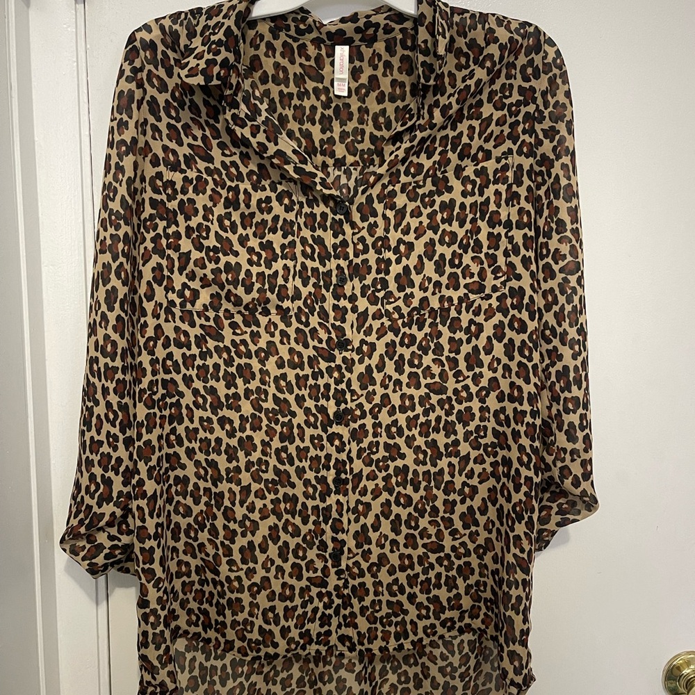 Xhilaration Brown and Tan Button Down Shirt with Notched Collar